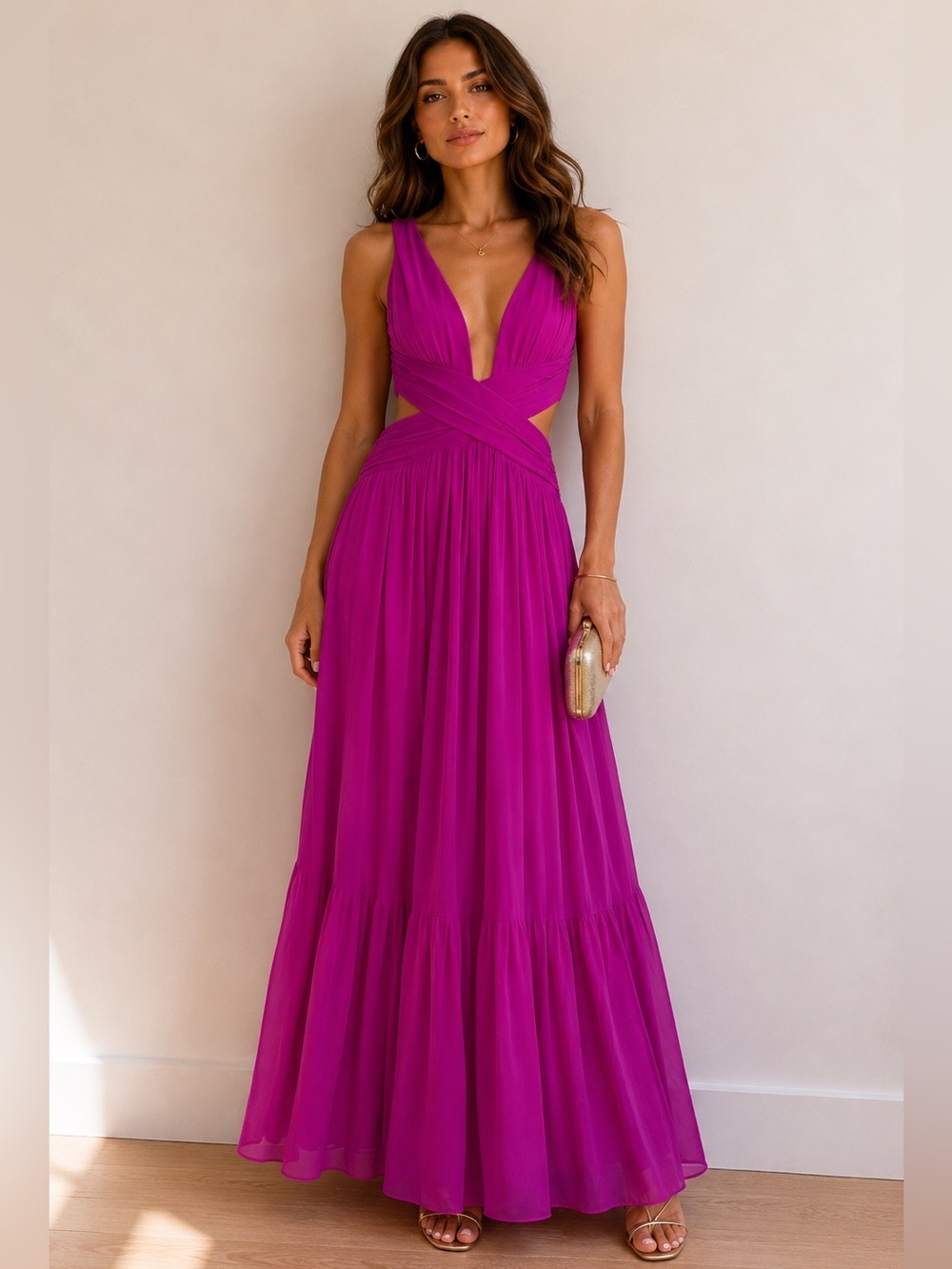 Line & Dot Headliner Maxi Dress XS Magenta Cutout DeepV Neck Formal Evening Gown